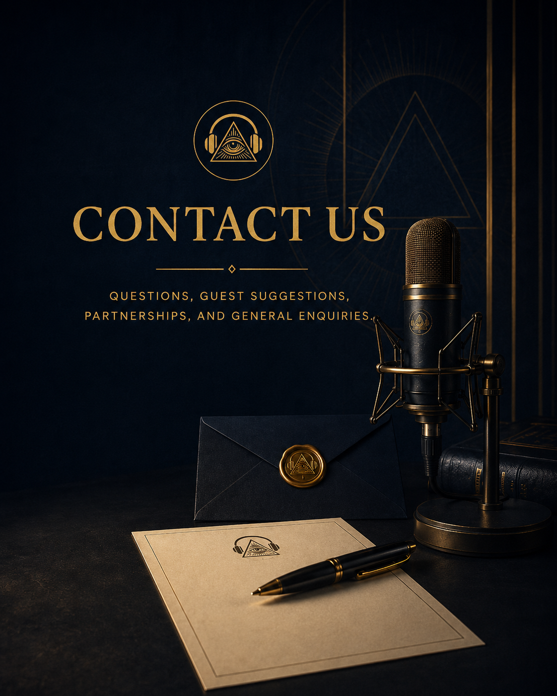 A dark-themed workspace with a microphone, an envelope with a wax seal, a pen, and a sheet of paper featuring a triangle with an eye and headphones. The background displays a sign that says "Contact Us" and a logo with a triangle, eye, and headphones.