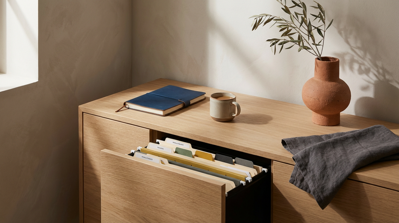 A wooden dresser with a closed drawer, a blue notebook, a coffee mug, a terracotta vase with green leaves, and a gray cloth on top, and an open filing cabinet drawer with labeled file folders inside.