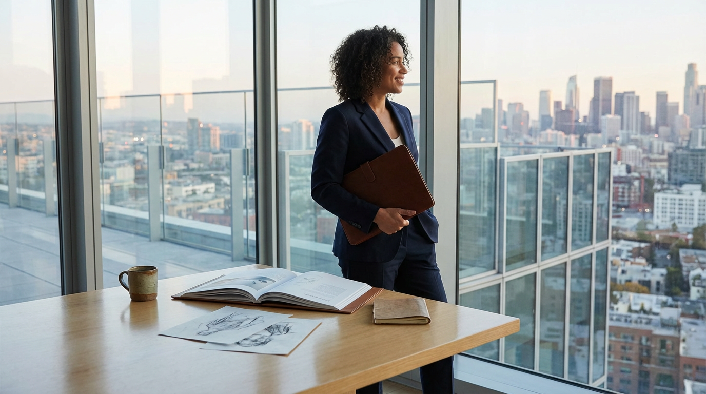 A woman in a navy suit holds a tablet and looks out a large window at a city skyline during the daytime.