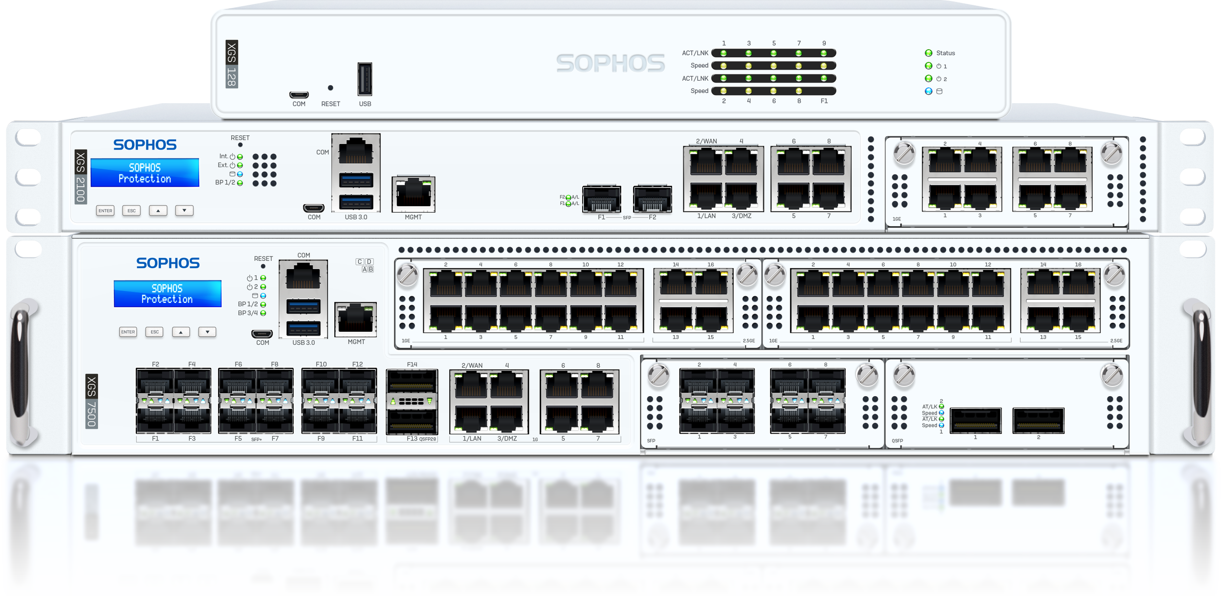 Two network switches, one stacked on top of the other, with multiple ports and indicator lights.