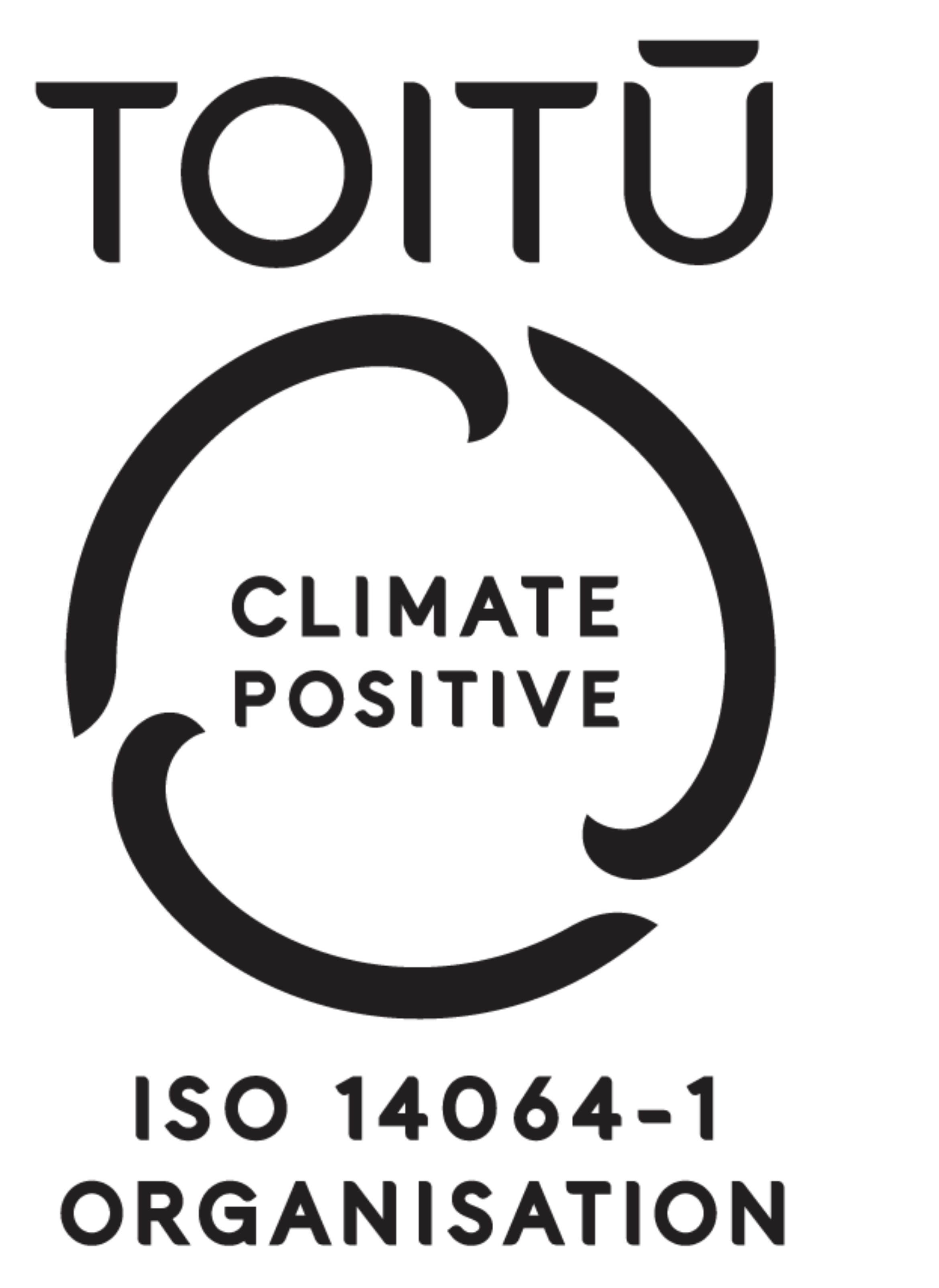 Logo with a circular arrow, the text 'Climate Positive Organisation,' and a reference to ISO 14064-1 standard.