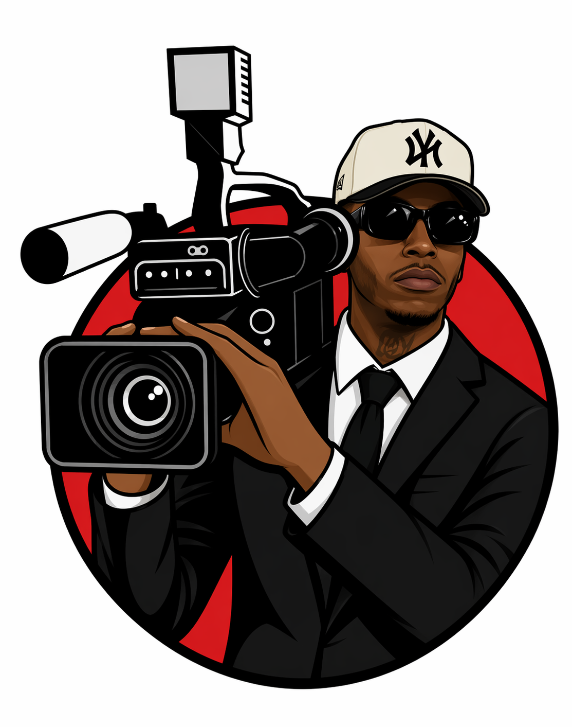 Illustration of a man wearing a suit, sunglasses, and a New York Yankees cap holding a video camera in front of a red circle background.