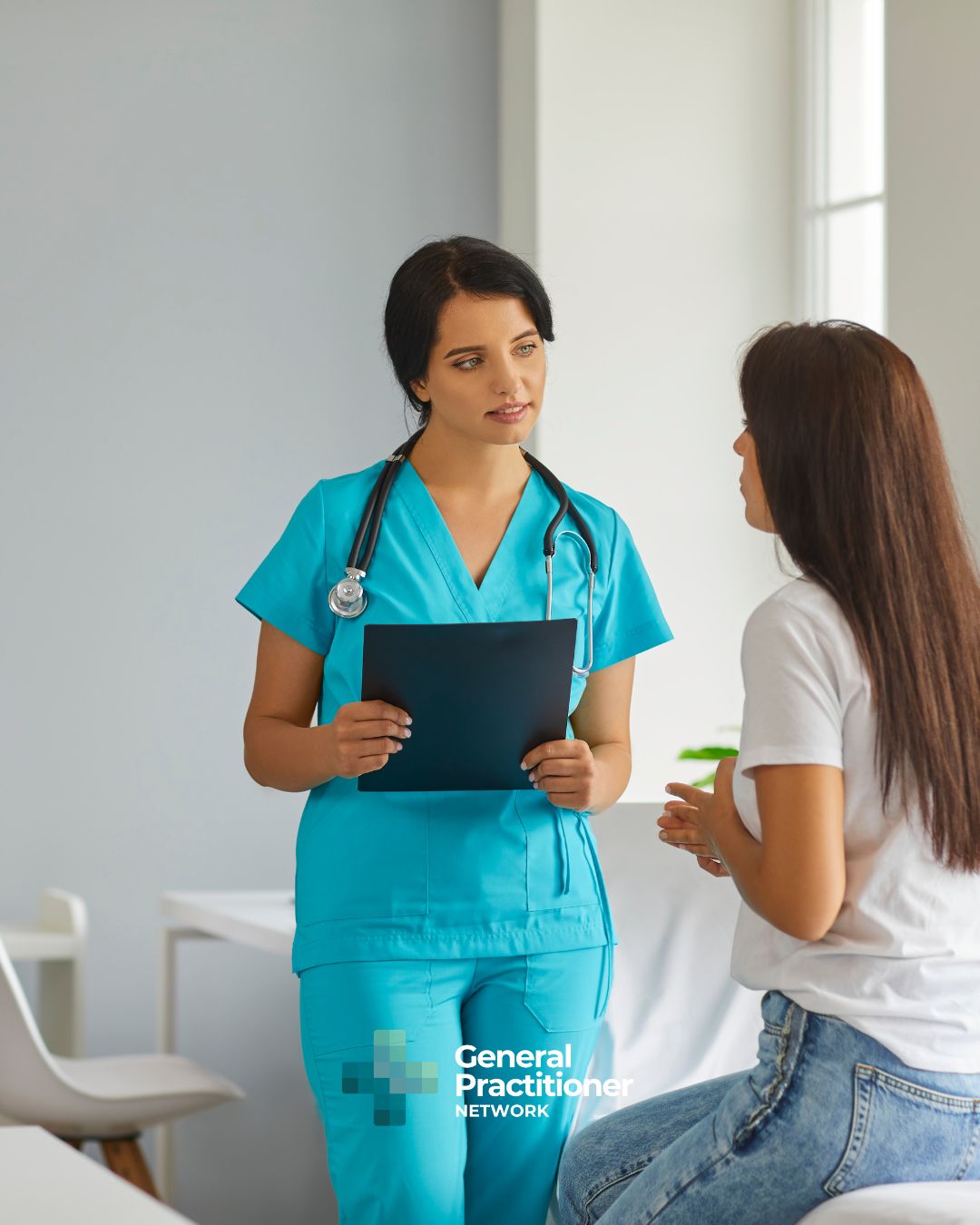 Woman doctor patient talking cervical screening