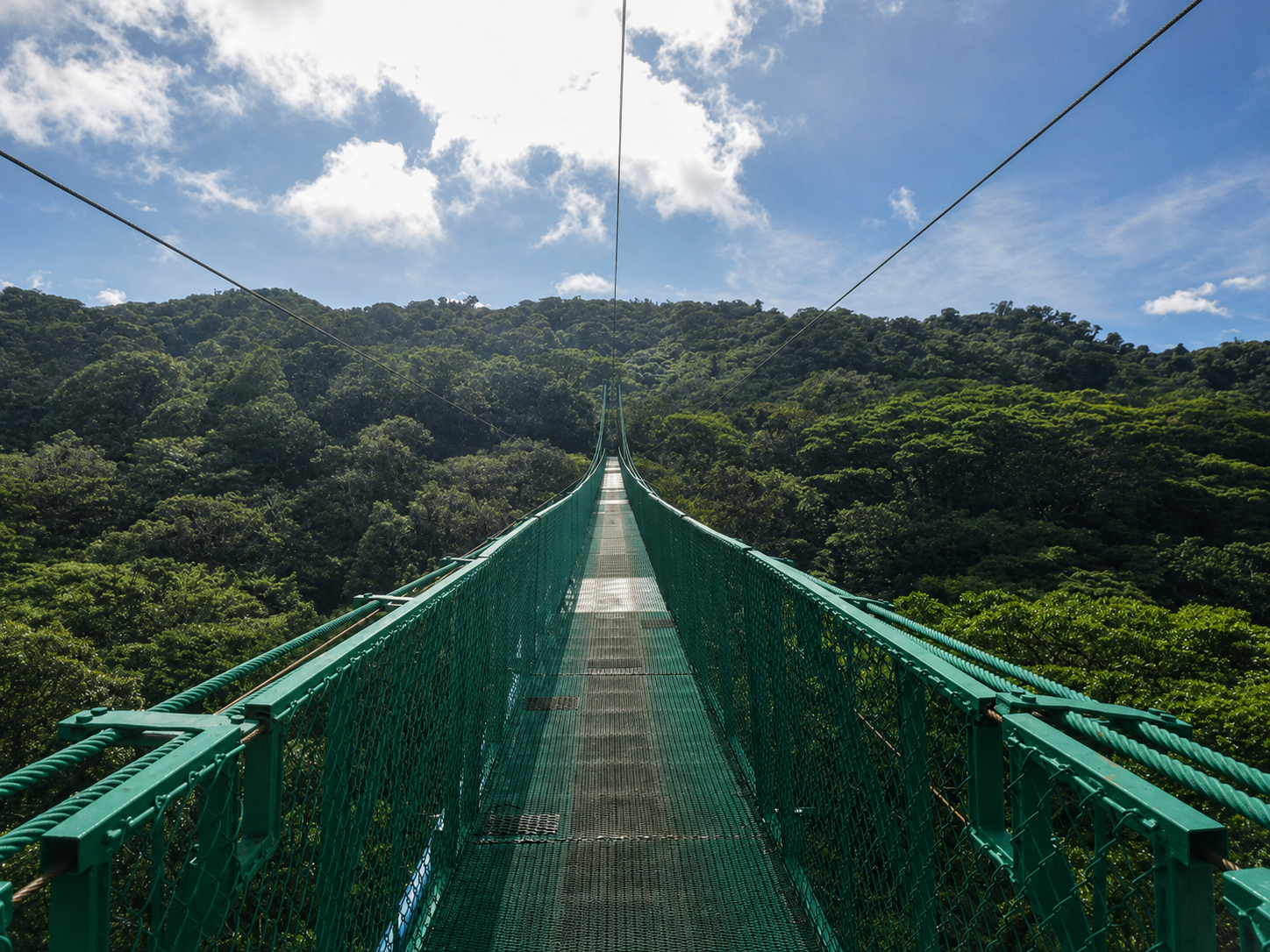A suspension bridge extending over a lush green forest with hills in the background under a partly cloudy blue sky.