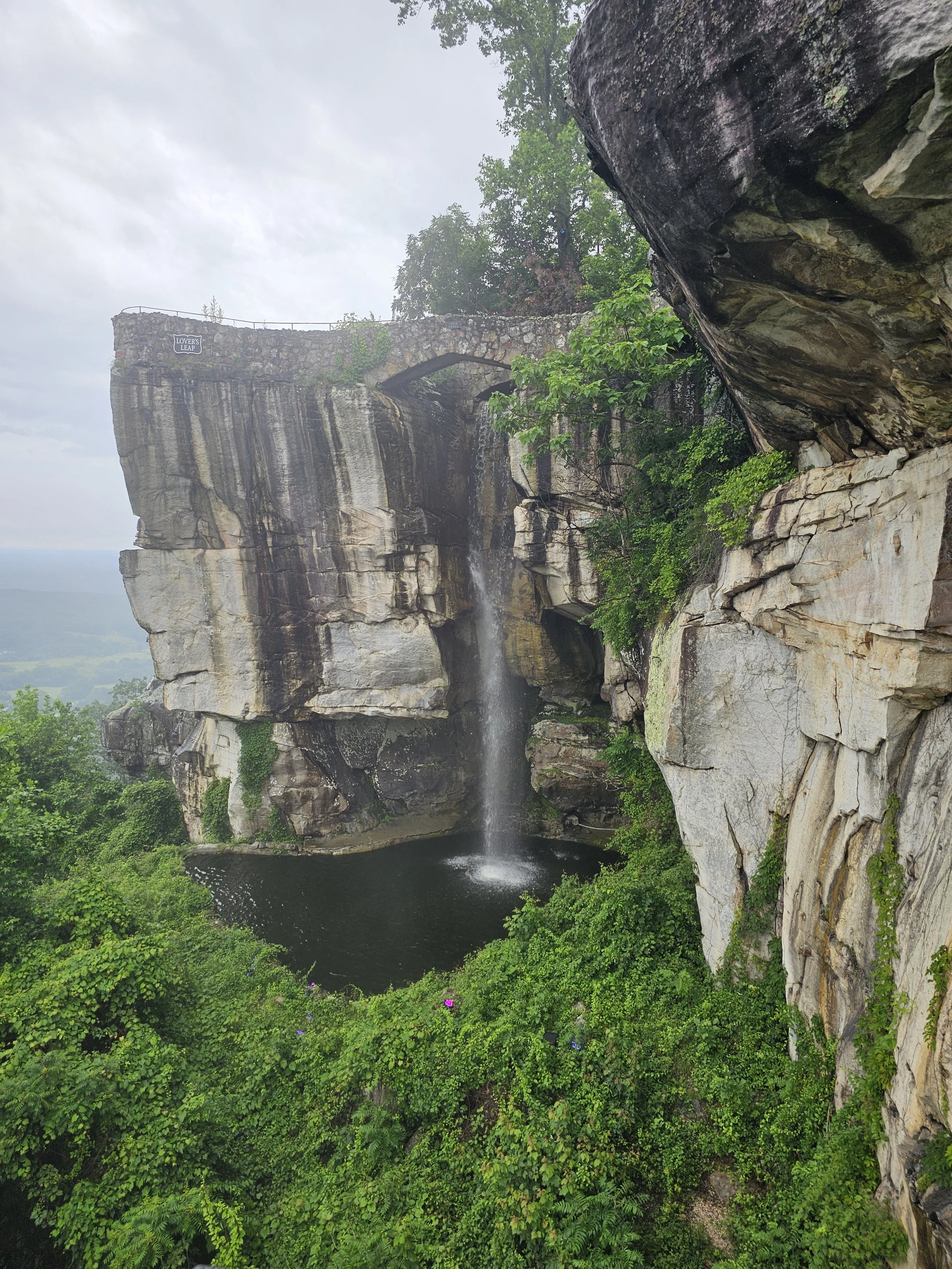 View of Lover's Leap cliff with water waterfall below and abundant green plants surrounding the area.