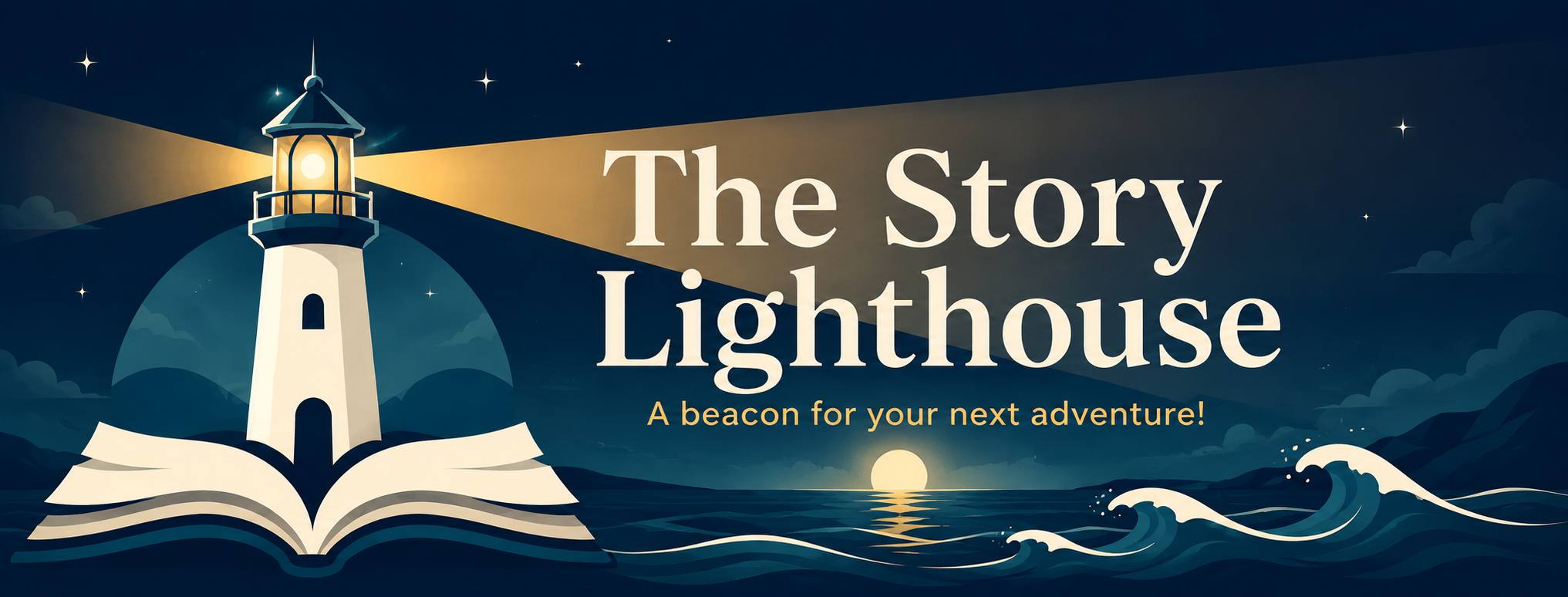 A stylized lighthouse on a small island with an open book at its base, shining light across the sea toward a setting sun, with the text 'The Story Lighthouse' and 'A beacon for your next adventure!'