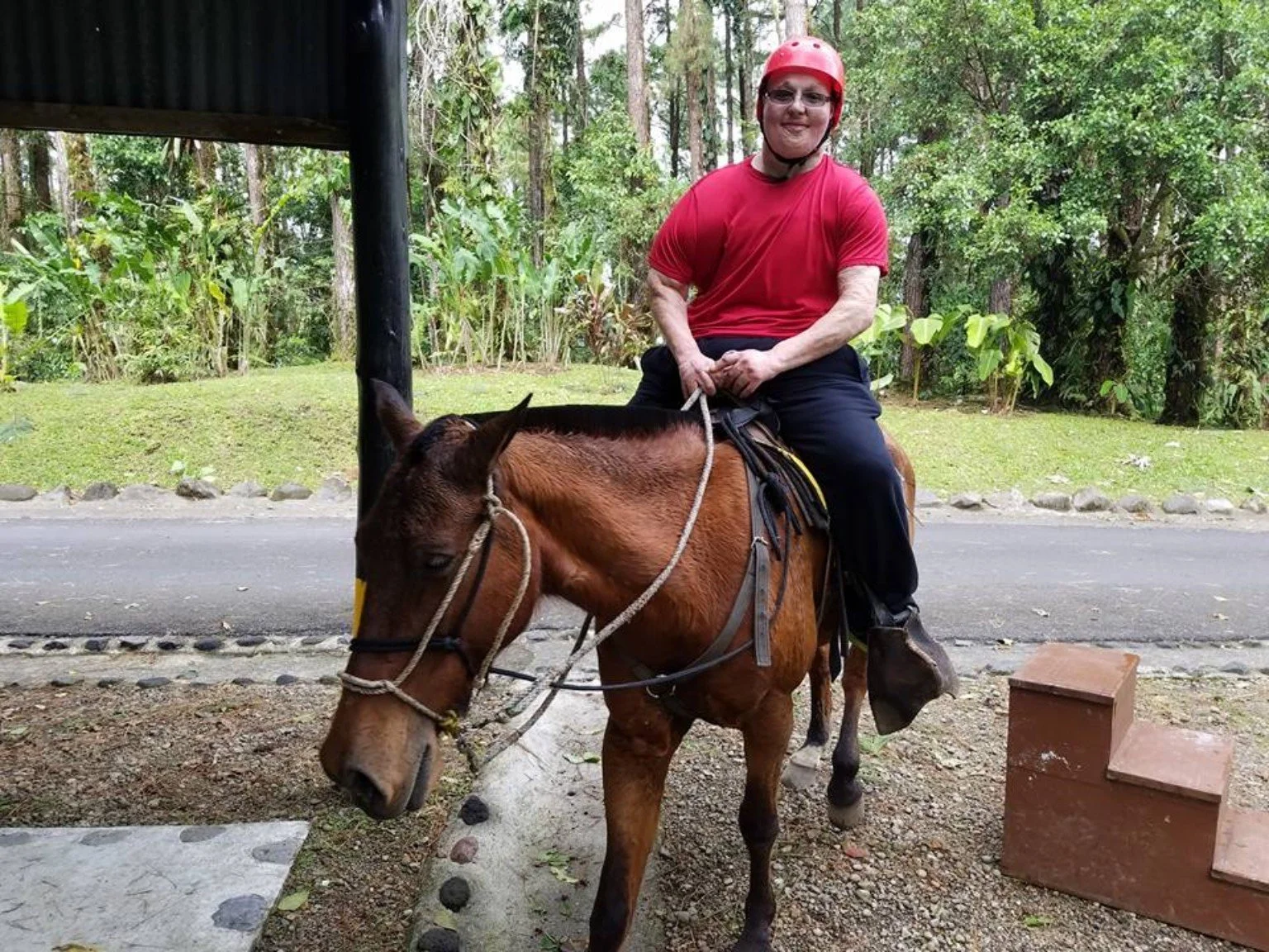 Dustin wearing glasses, a red shirt and a red helmet riding a brown horse with a black mane in a green outdoor area.
