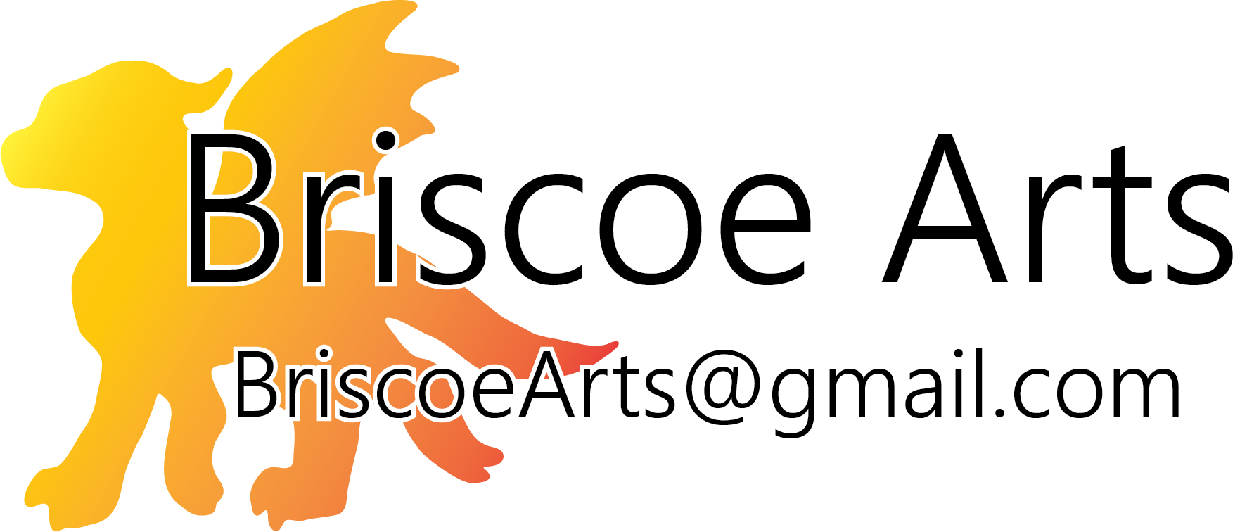 Business card for Briscoe Arts with an orange and yellow background, featuring the email address BriscoeArts@gmail.com.