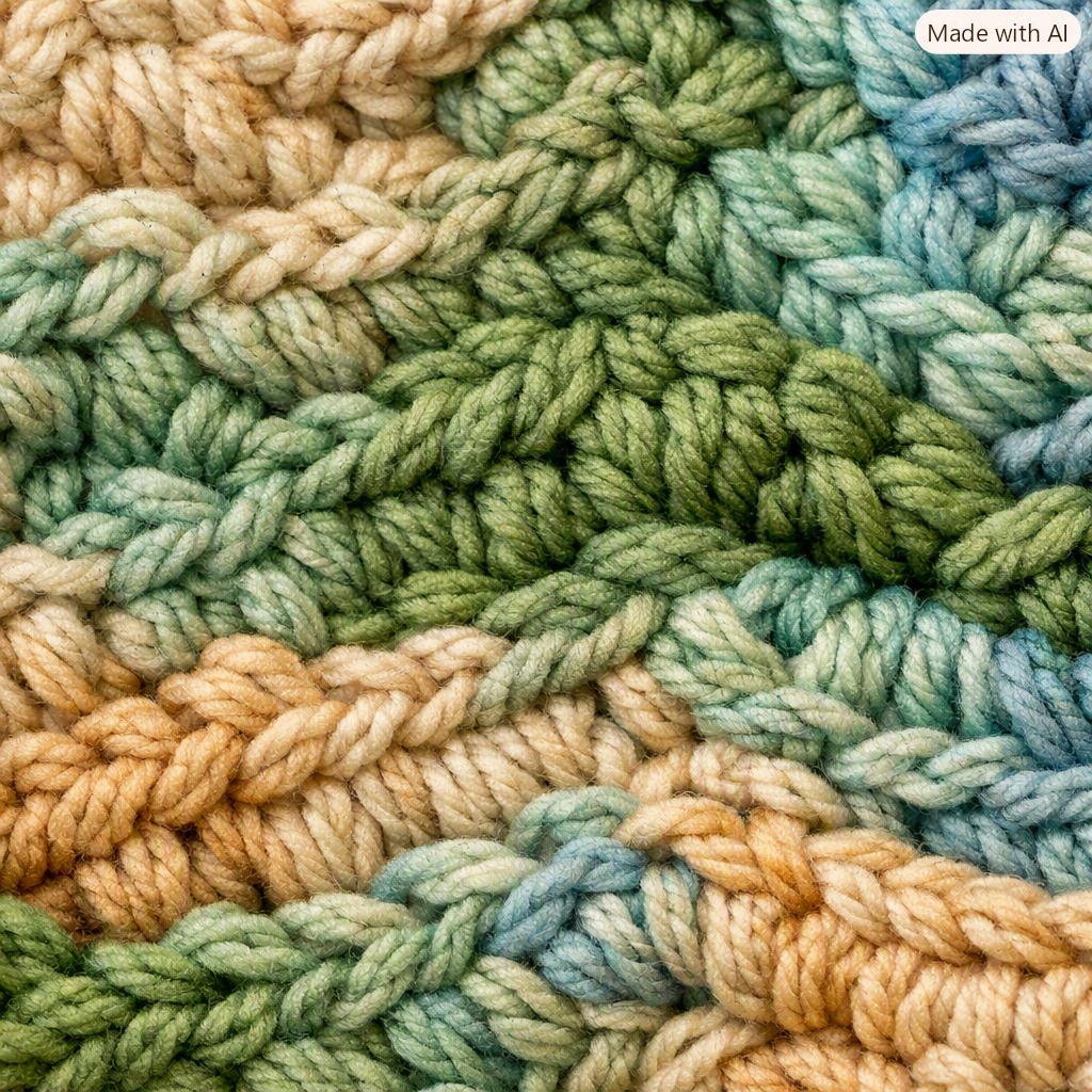 Close-up of multicolored chunky knitted fabric with thick yarns in shades of beige, green, and blue.