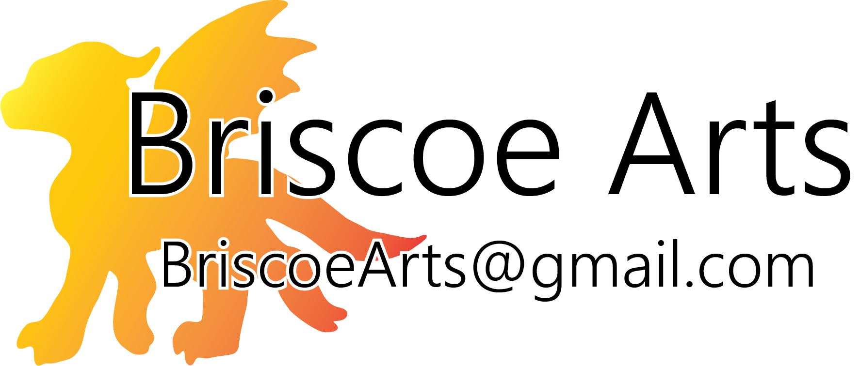 Briscoe Arts logo with orange and yellow design, email briscoearts@gmail.com