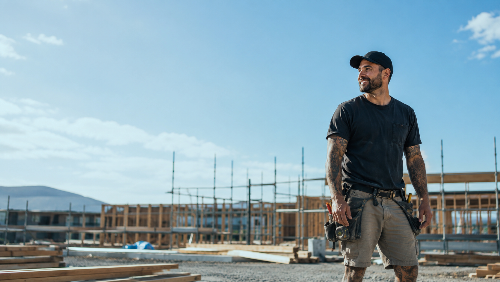 Kiwi builder on a construction site, representing My EstiMate takeoff services for busy New Zealand builders and tradies.