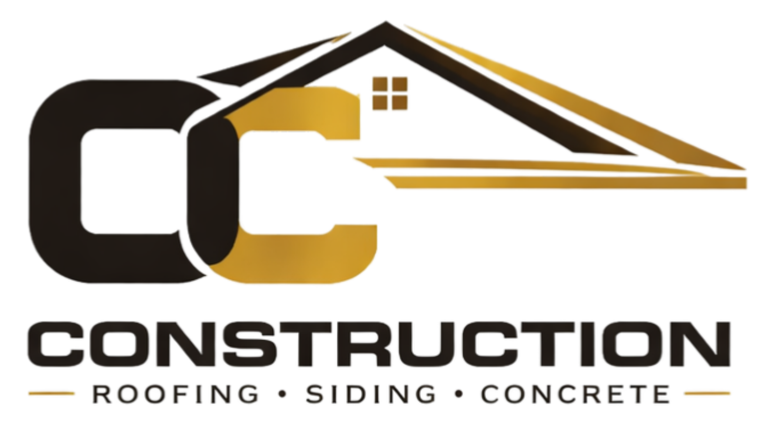 Logo for OC Construction featuring a stylized house roof graphic with black and gold colors and bold text listing services: roofing, siding, concrete.