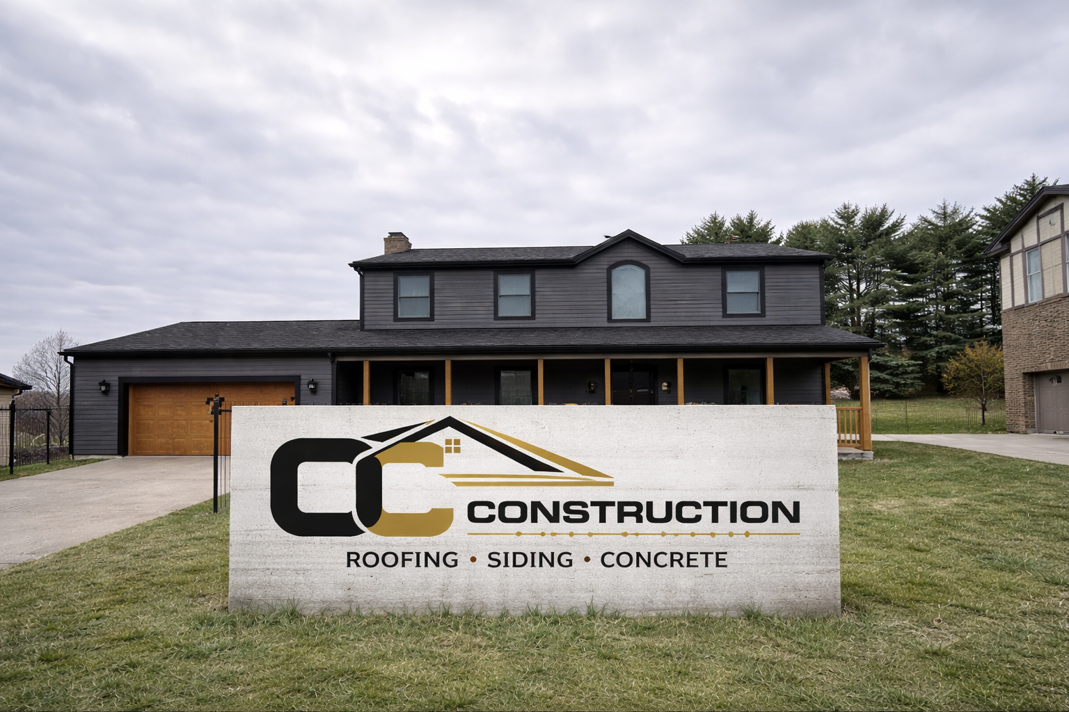 A two-story house with black siding and a brown garage door, with a sign in the front yard advertising construction services including roofing, siding, and concrete.