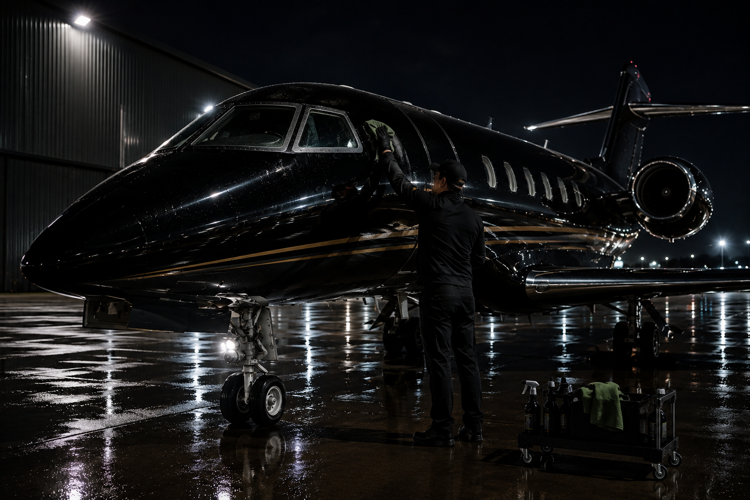 A person cleaning a black private jet at night on a wet tarmac.