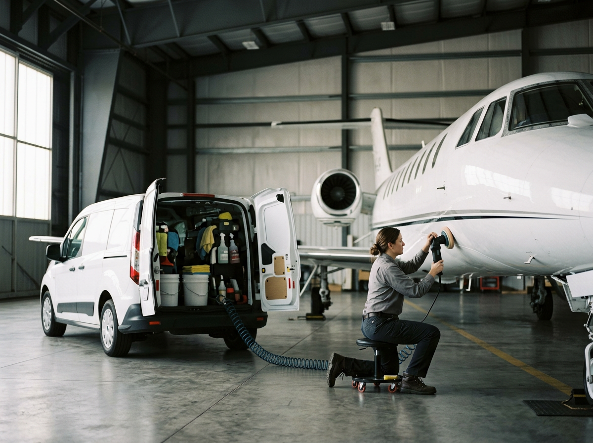 A woman cleaning the underside of a private jet airplane inside a hangar, with a maintenance van parked nearby