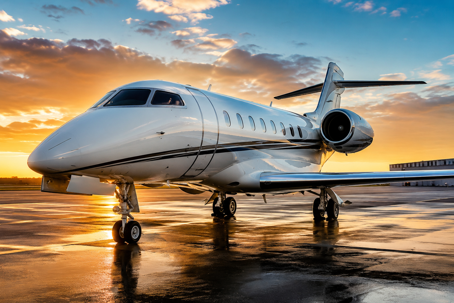 A private jet on the tarmac at sunset, with a partly cloudy sky in the background.