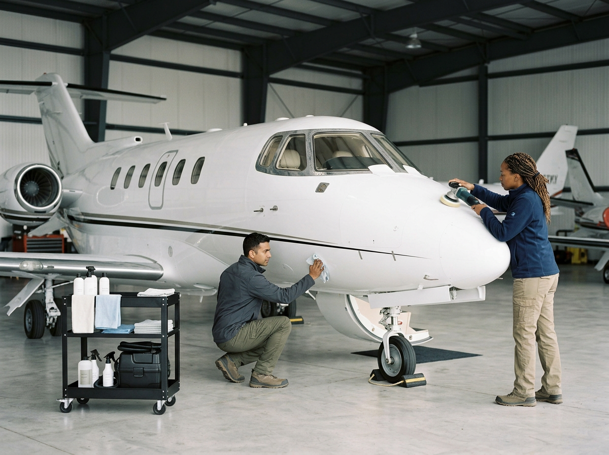 Two people cleaning a private jet in an indoor hangar, with cleaning supplies and equipment nearby.