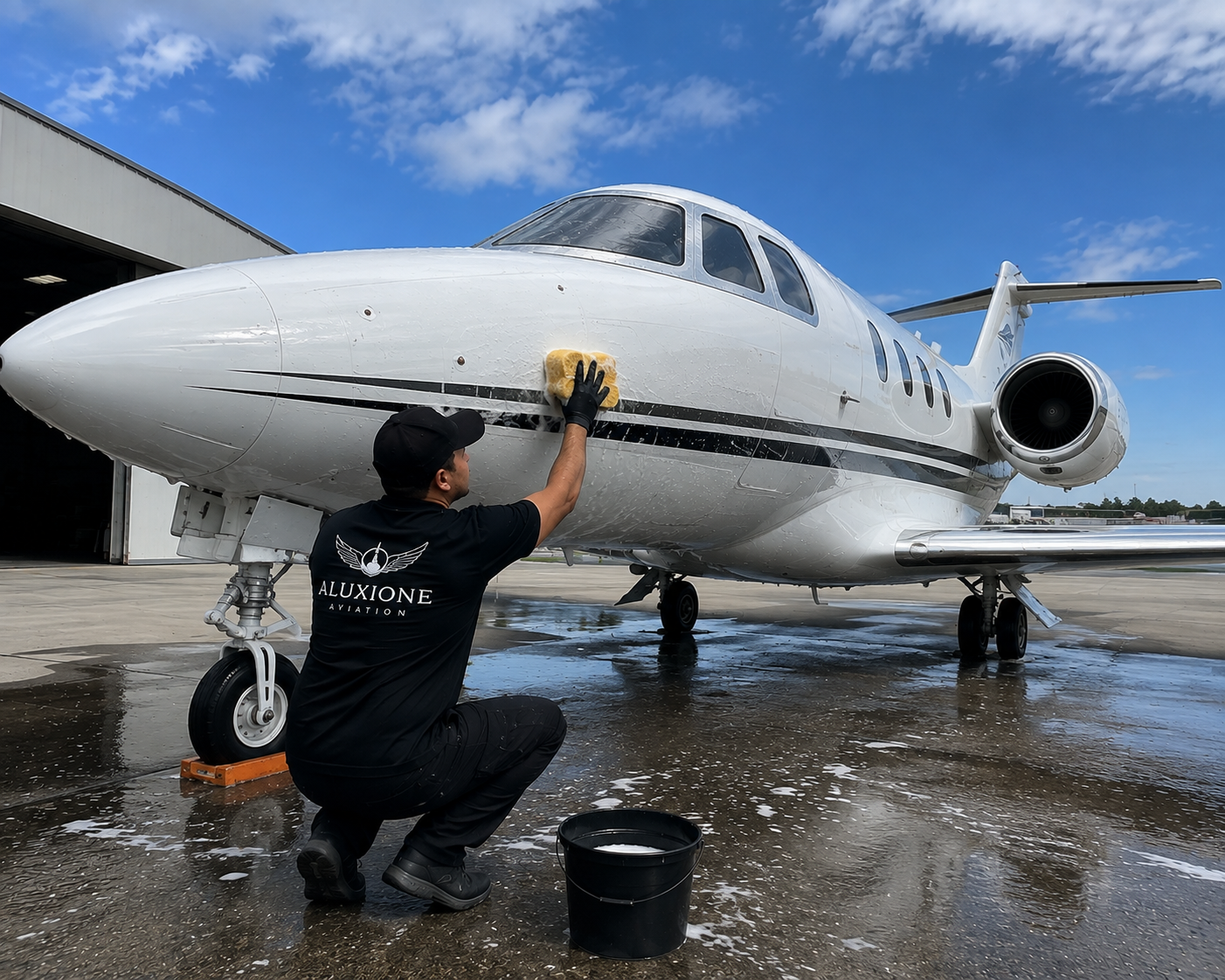 A man cleaning a white private jet with a sponge, on a wet tarmac on a sunny day.