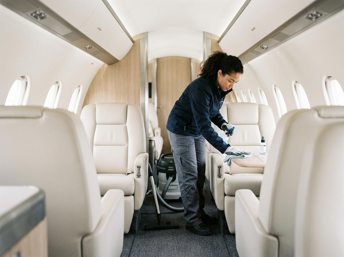 A woman cleaning the interior of a private jet with beige leather seats and small windows.