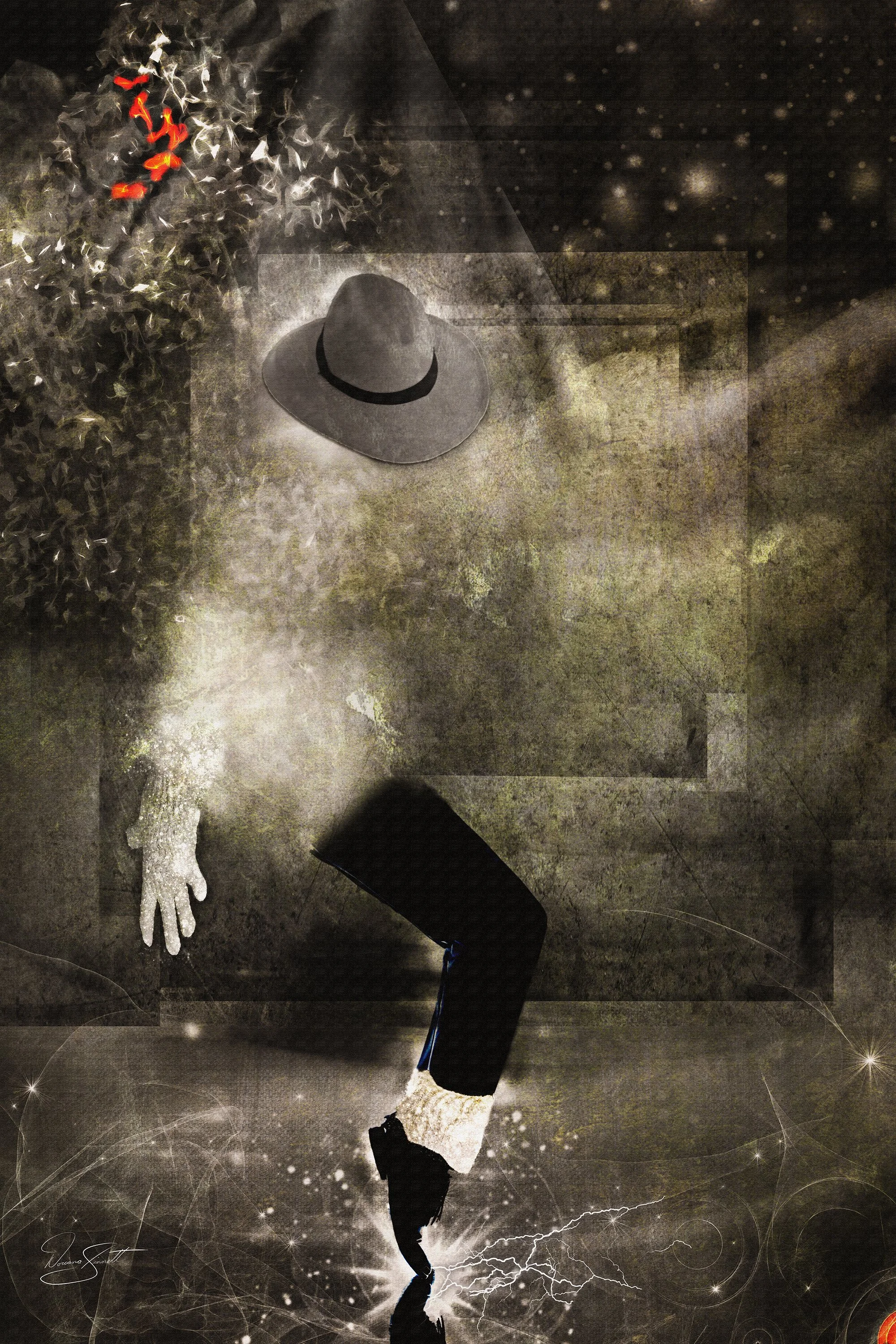 A stylized, artistic image featuring a large, gray fedora hat at the center, surrounded by abstract elements including a white hand, lightning, and scattered glowing particles, giving a surreal, cosmic feel.