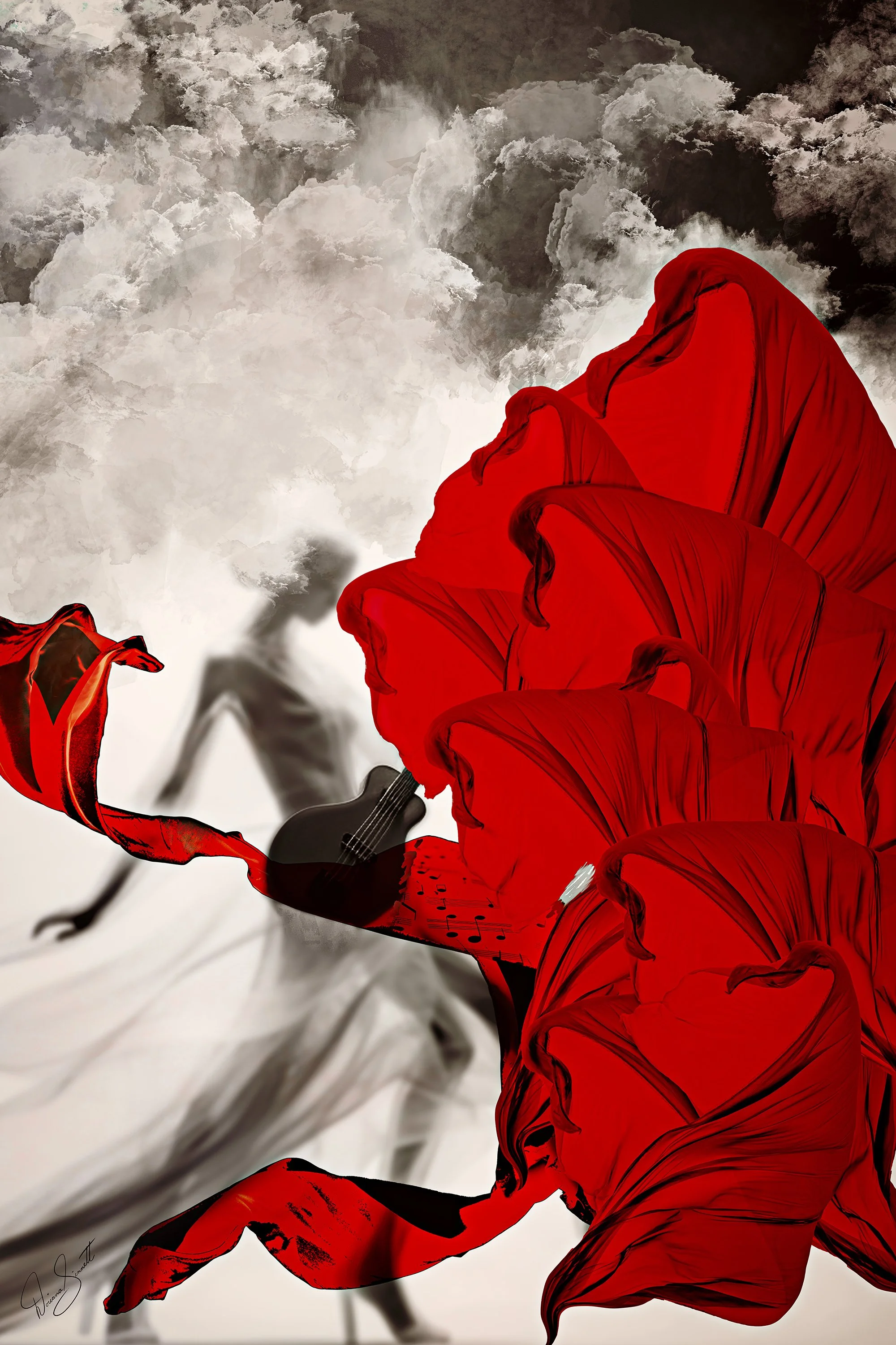 Abstract art featuring a silhouette of a person playing a guitar, with flowing red fabric and a background of dark and white clouds.