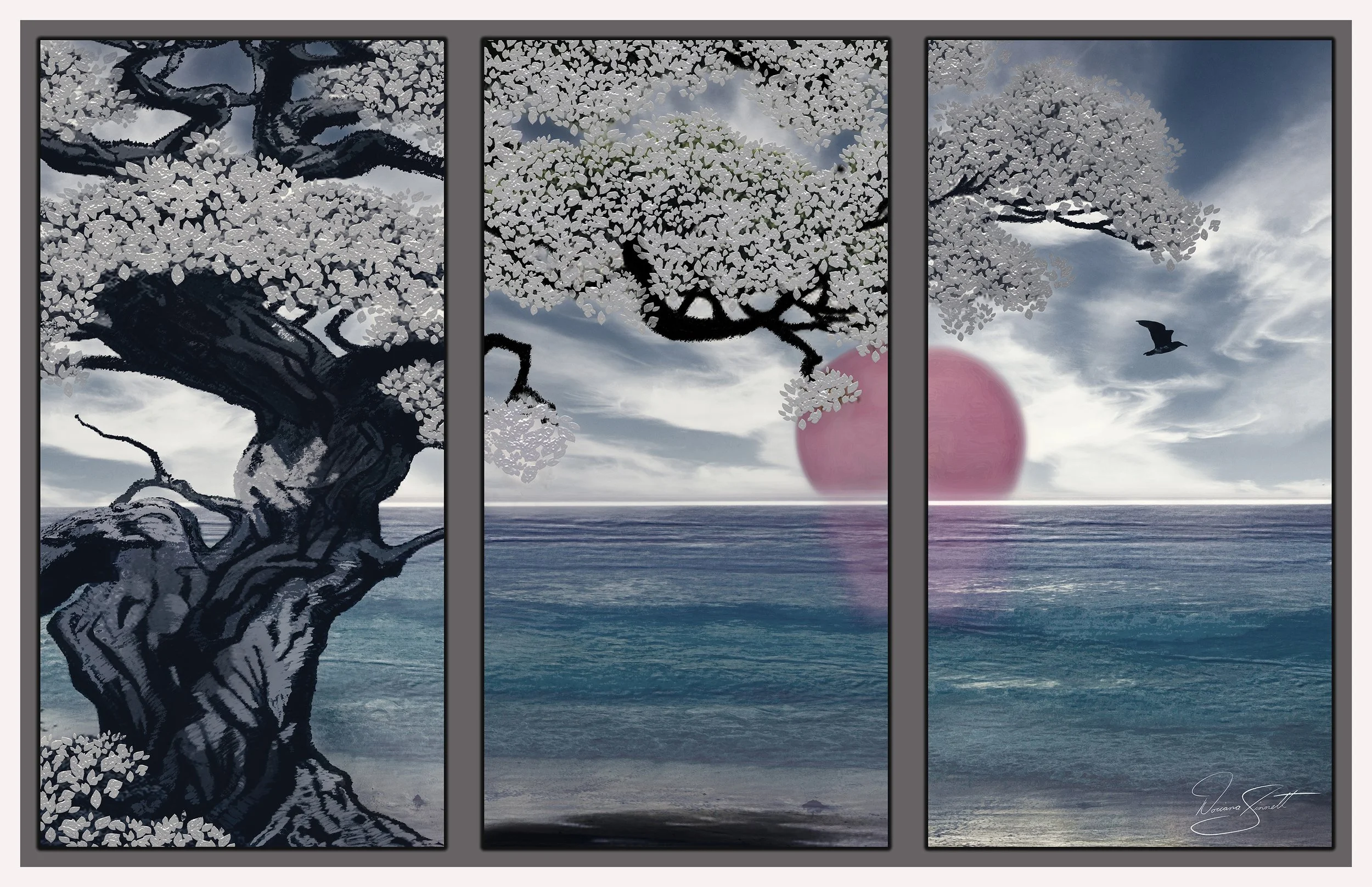 Triptych artwork of a gnarled cherry blossom tree with white flowers overlooking the ocean, a large pink sun in the sky, and a black bird flying in a cloudy sky.