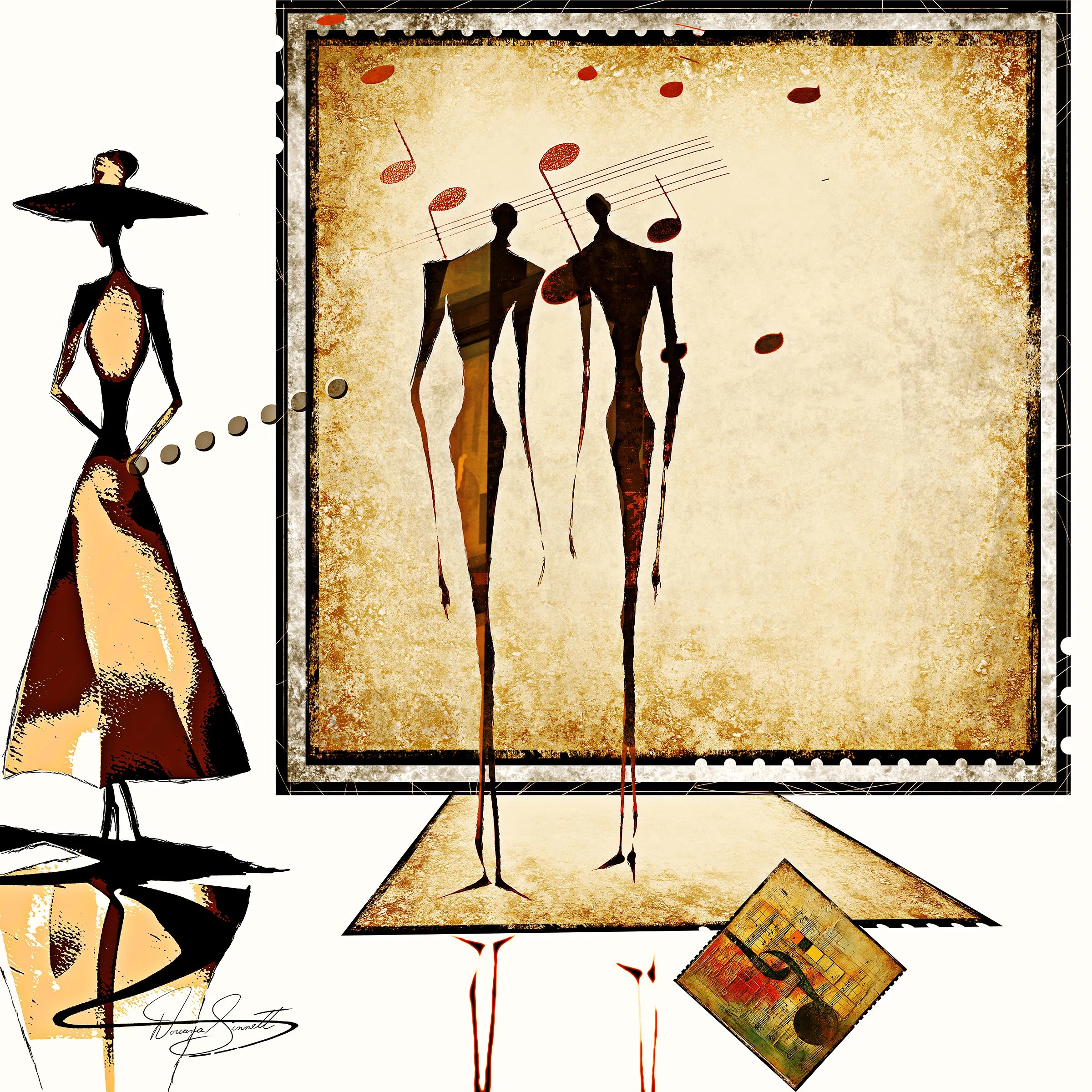 Silhouettes of two men walking with musical notes above their heads, set against a textured beige background with scattered leaves and a framed painting of an architectural plan.
