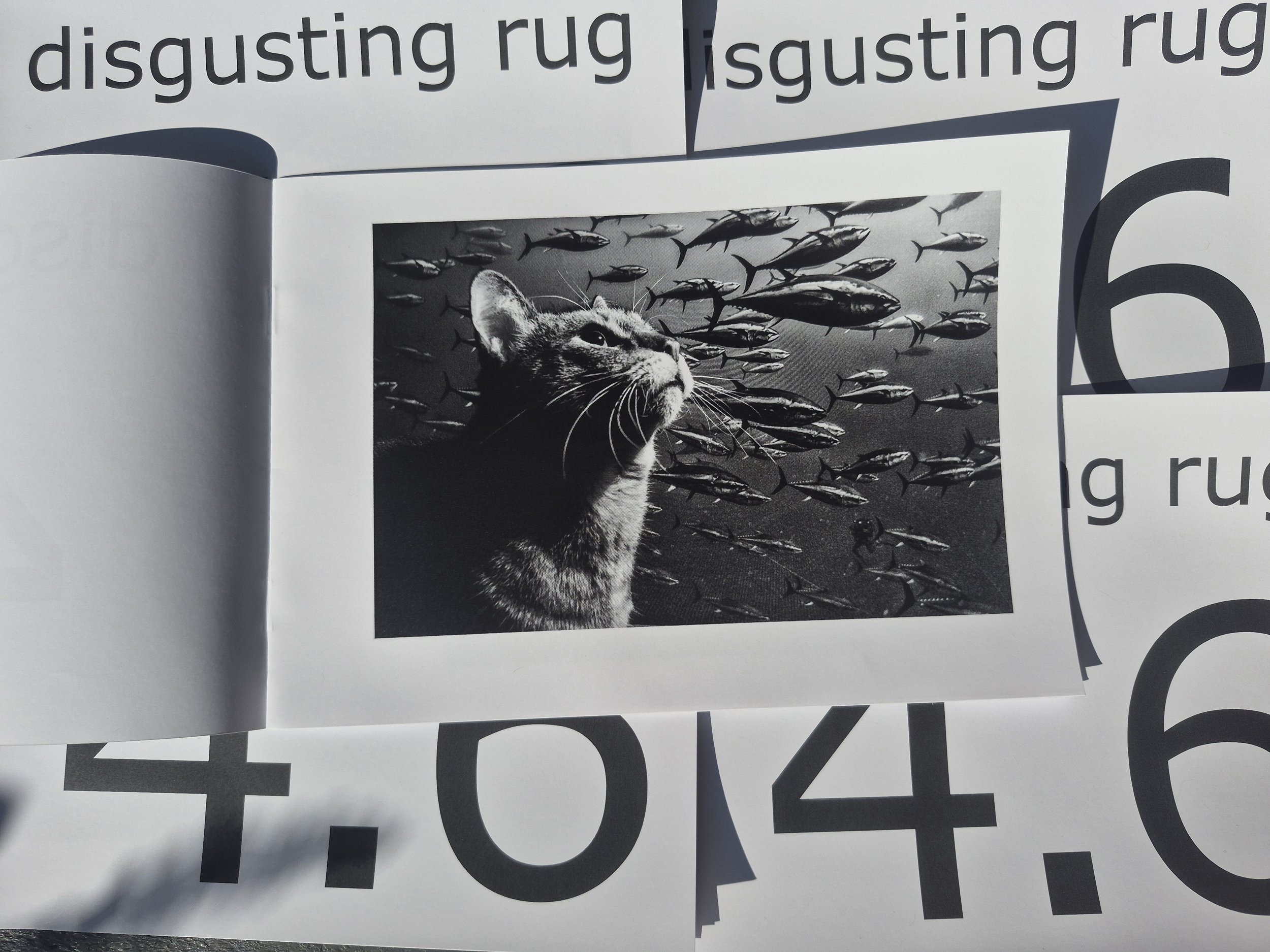 Black and white photograph of a cat looking upward, with numerous fish swimming in the background.