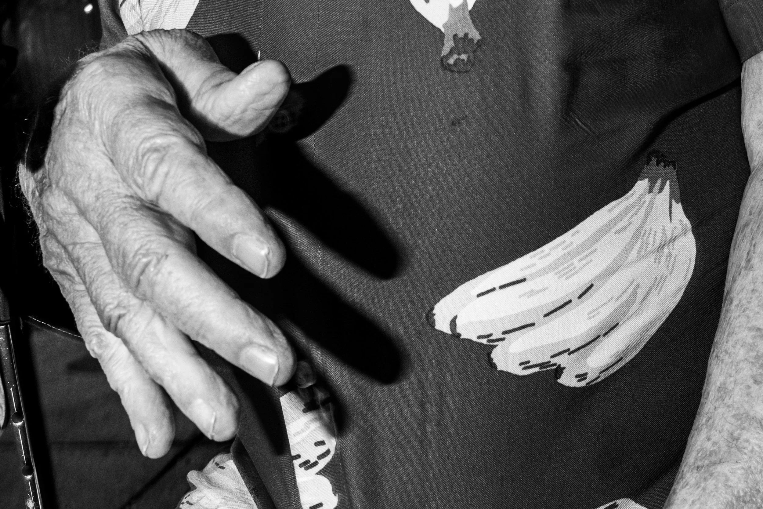 Close-up of elderly hands resting on a cloth with a printed design, possibly a Mexican flag, featuring an eagle and snake.