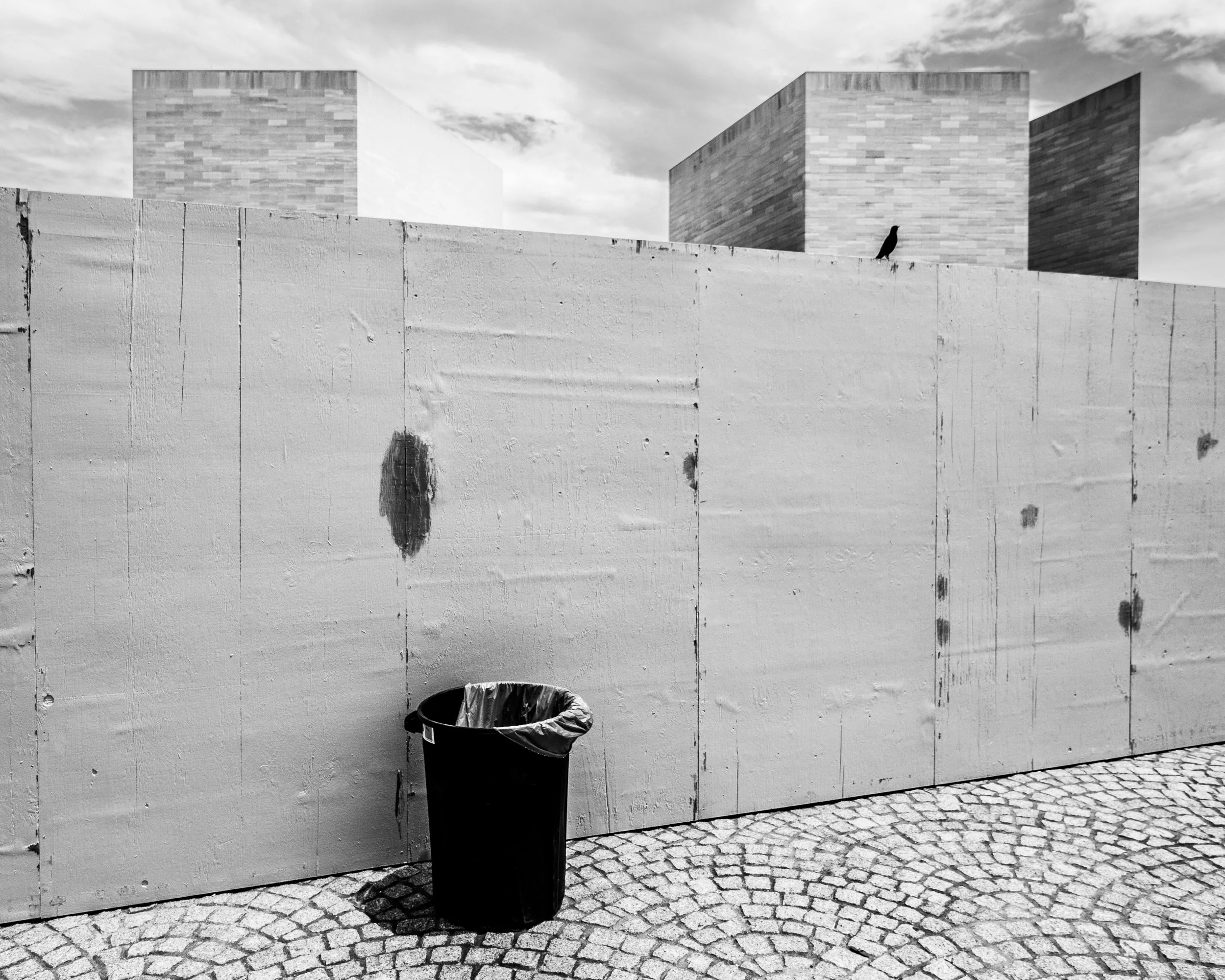 Black trash can with plastic bag liner in front of a white wall with a large black shadow on the ground. The wall has a rough texture with visible seams and some marks. The ground is paved with small, light-colored cobblestones. A solitary black bird