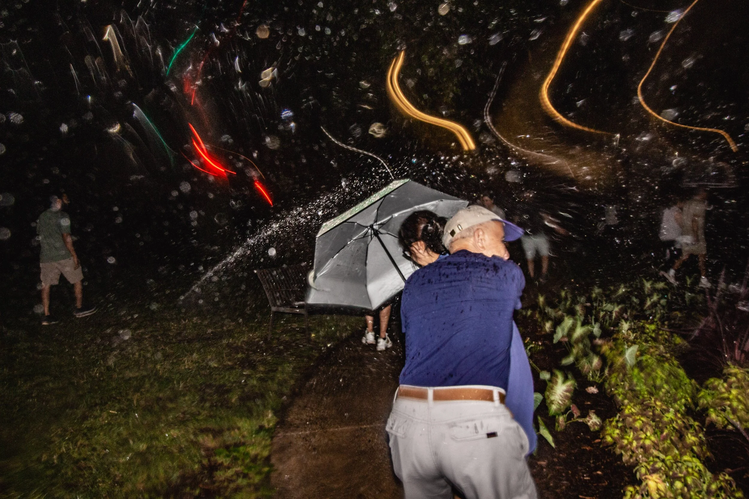 People outside in the rain at night, some holding umbrellas, with tree branches and leaves around.