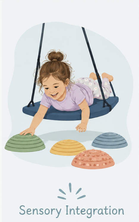 Young girl on a swing reaching out to colorful textured stepping stones labeled 'Sensory Integration.'