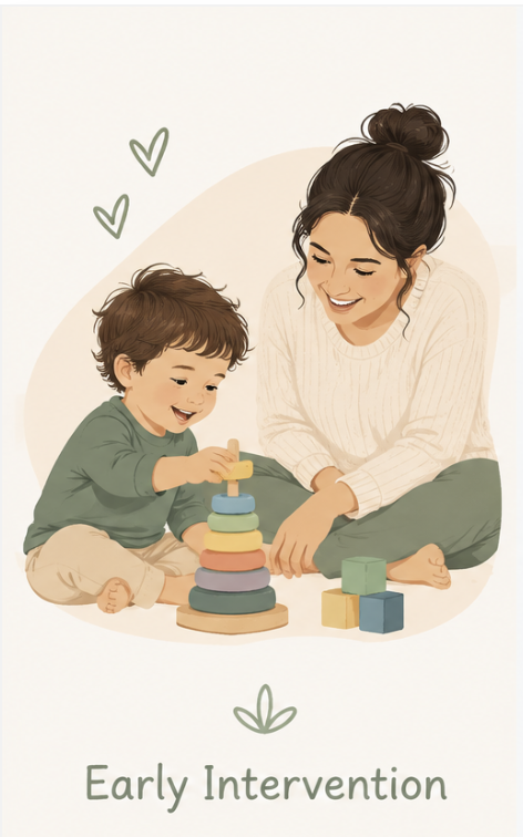 Illustration of a smiling woman and young boy playing with stacking blocks, labeled 'Early Intervention'.
