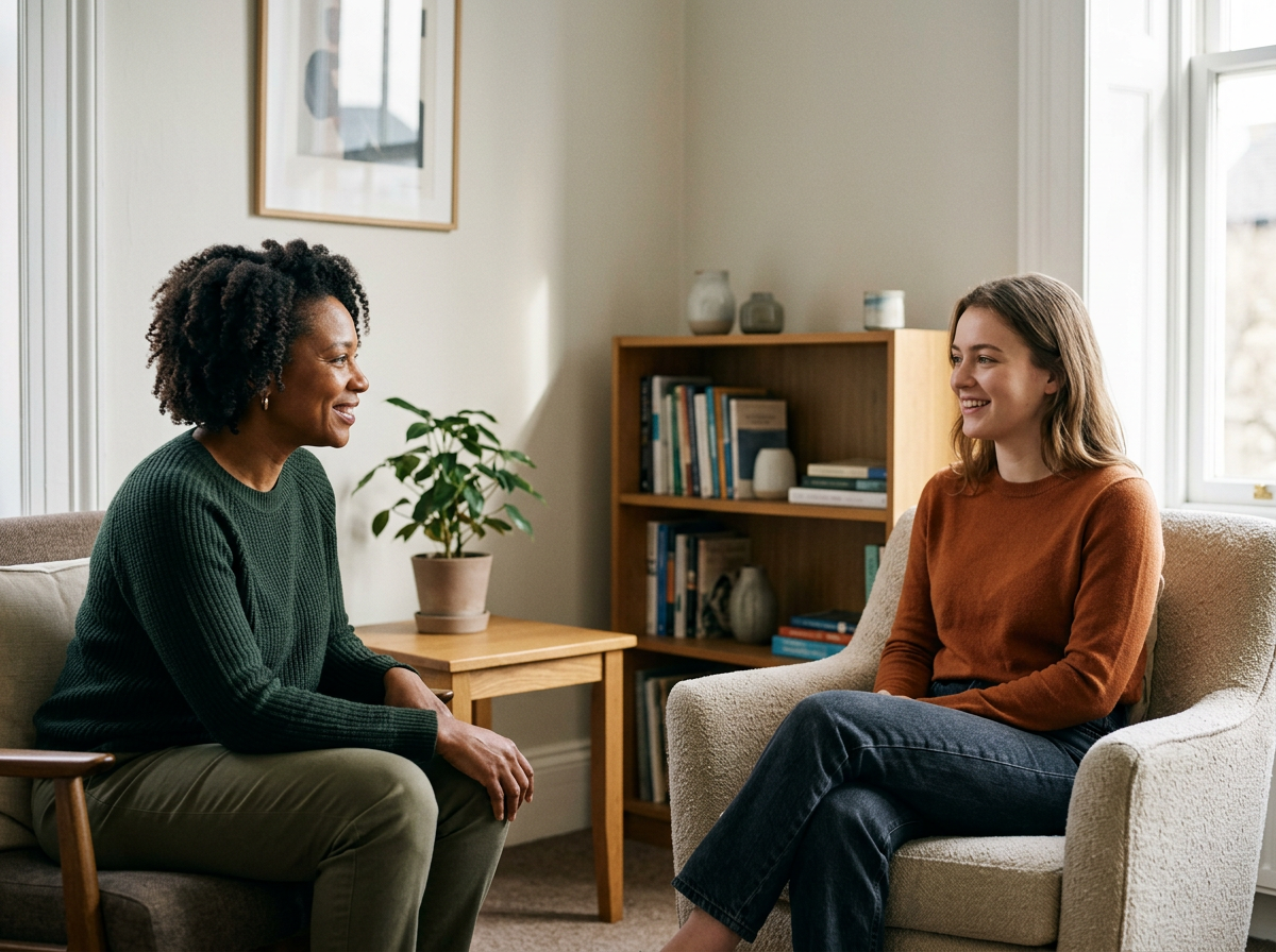 Two women sitting and talking in a cozy living room, smiling at each other. One is an older woman with curly hair wearing a green sweater, the other is a younger woman with straight hair wearing an orange-brown sweater. There is a bookshelf with books and decorations in the background, a potted plant on a side table, and a framed picture on the wall.