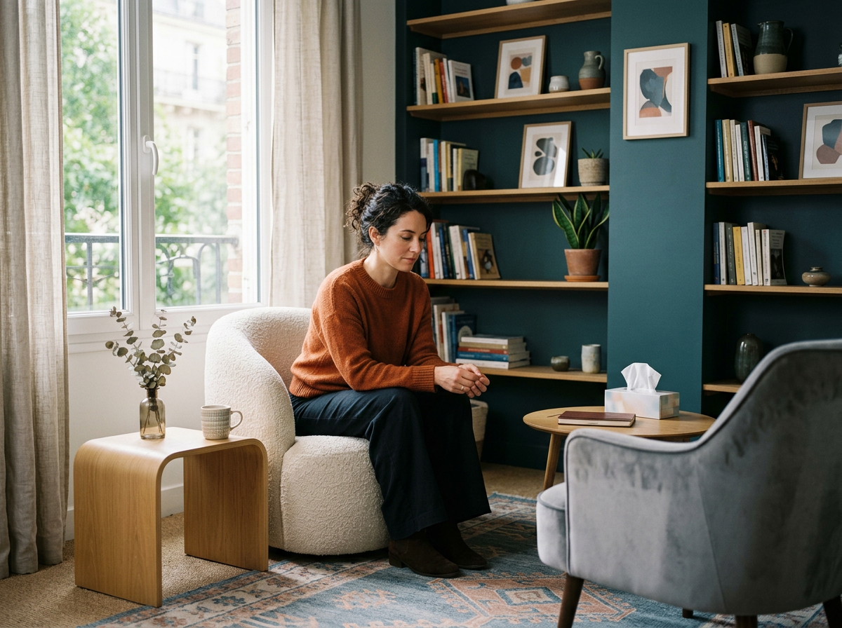 A woman sitting in a cozy living room with a bookshelf behind her, tissue box on a small table, and a window showing trees outside.
