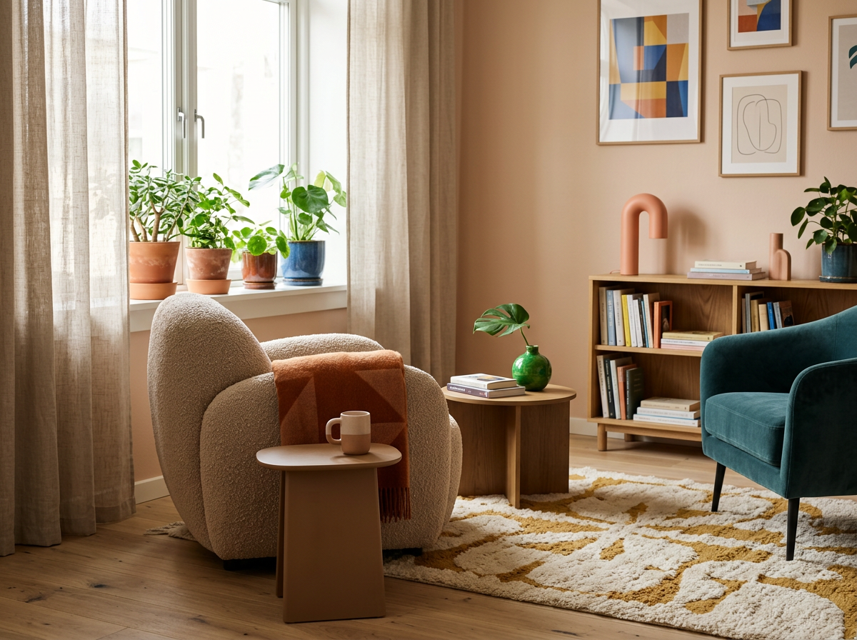 A cozy living room with a window, beige curtains, and potted plants on the windowsill. There is a cream-colored armchair with a rust-colored blanket draped over it, a small side table with a cup, and a green vase with a leaf. A teal armchair, a wooden bookshelf with books and pink decorative objects, and framed abstract art on the wall complete the room. A patterned beige and mustard rug ties the room together.