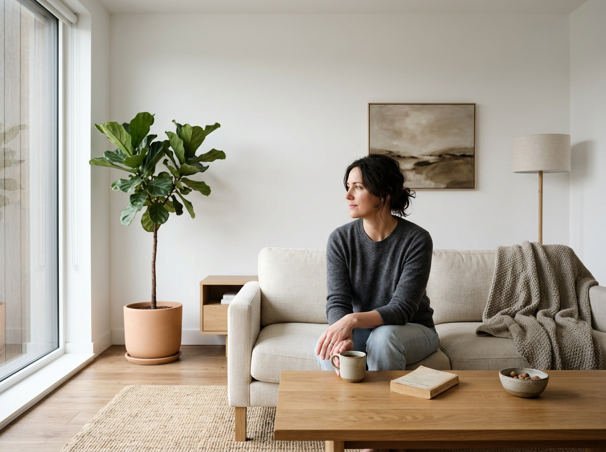 Woman sitting on a beige sofa in a modern living room, holding a mug, with a potted plant, framed artwork, floor lamp, and cozy blanket visible.