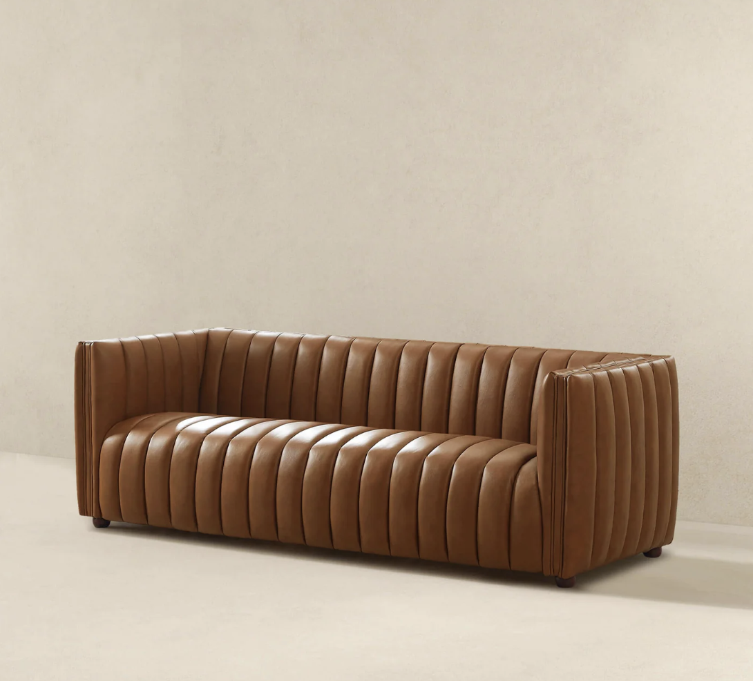April Mid Century Modern Luxury Tight Back Tan Leather Couch