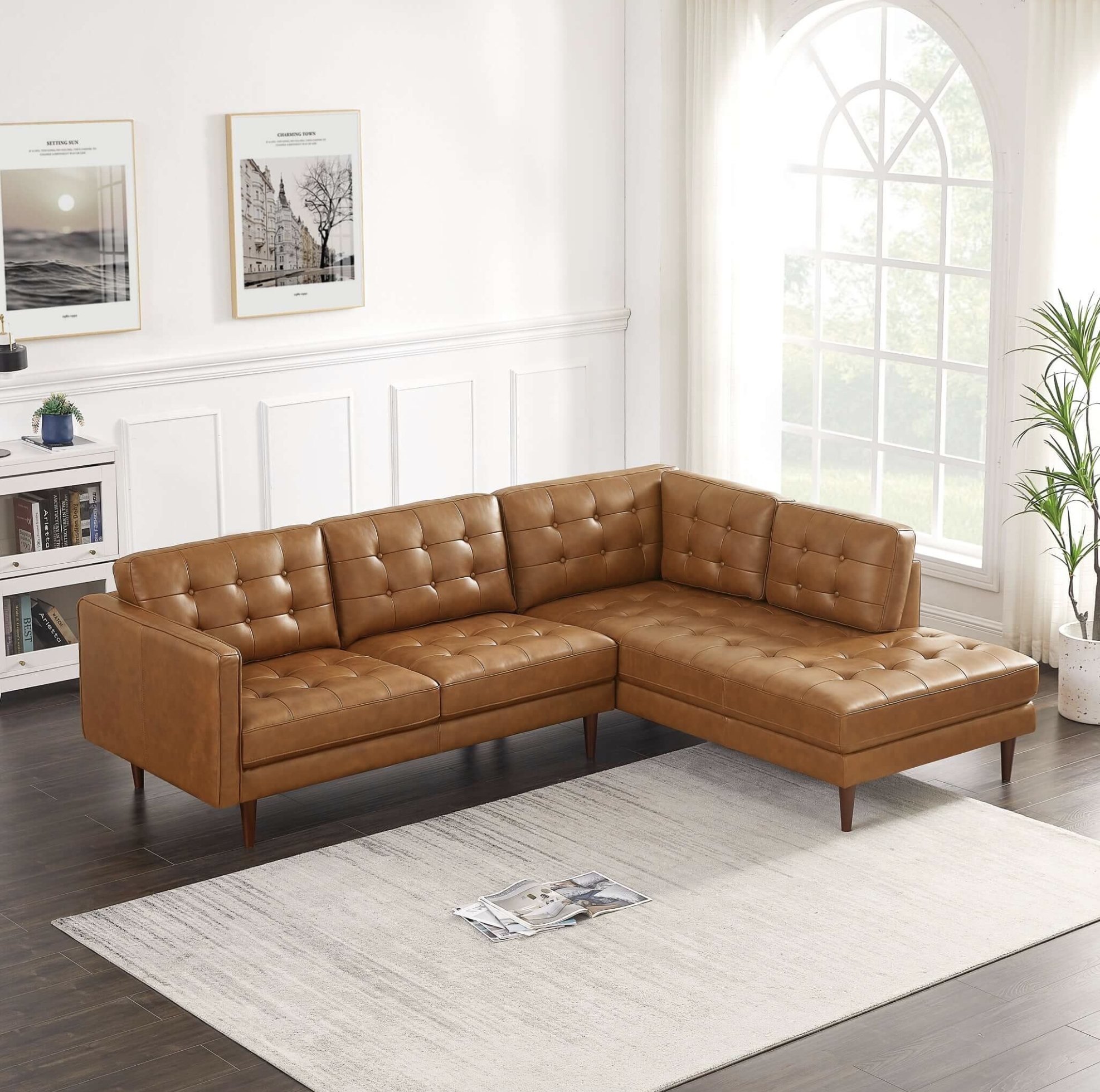Lucco Genuine Leather Sectional In Cognac Tan Right Facing