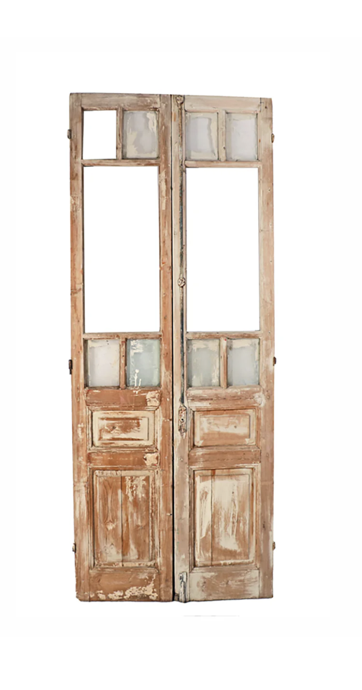 Egyptian Panel Door with Panes, Pair, Stripped