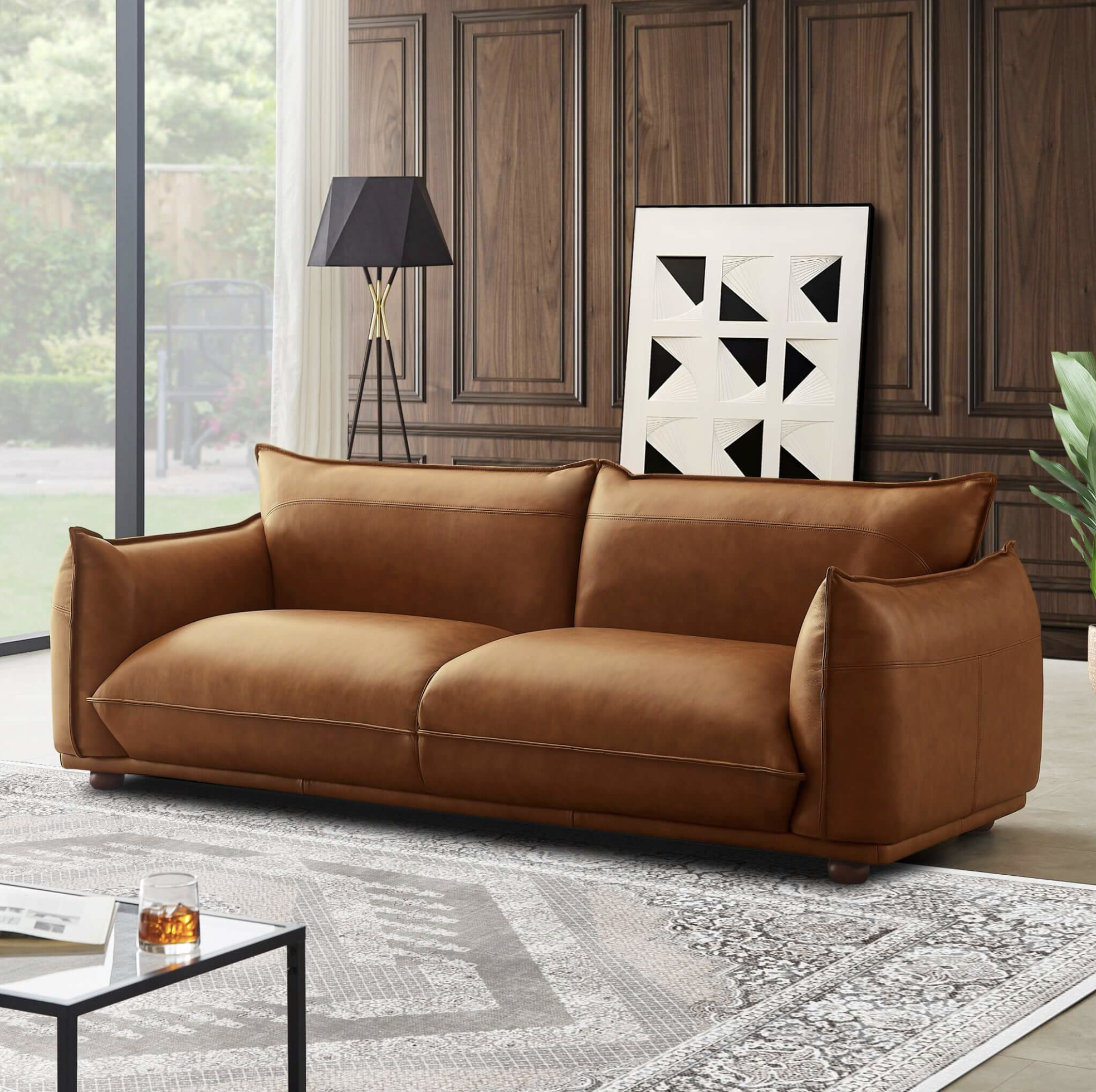 Emma Mid Century Modern Luxury Cognac Leather Sofa