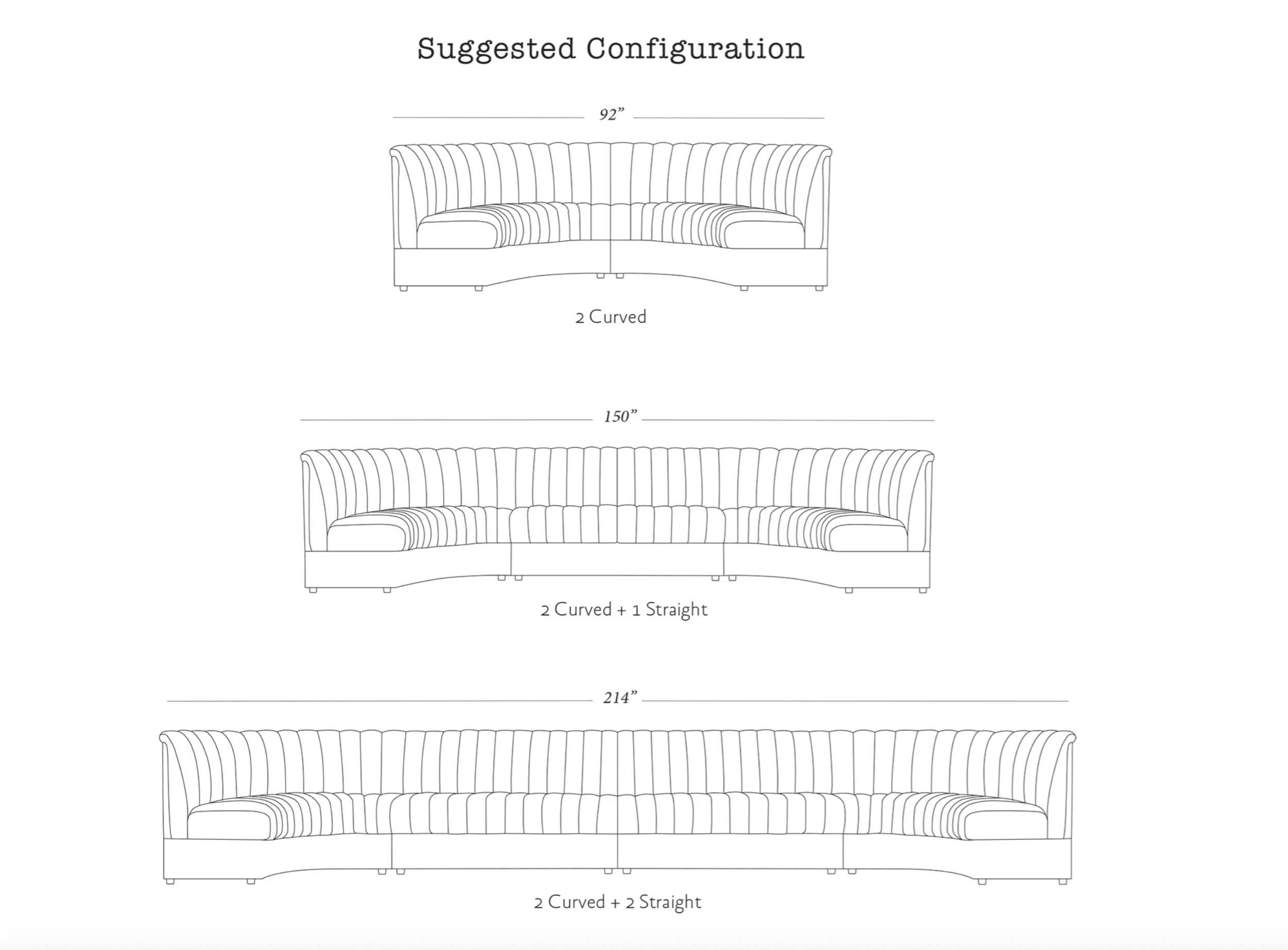 Diagram titled 'Suggested Configuration' showing three sectional sofa configurations: a 92-inch two-curved sofa, a 150-inch two-curved plus one-straight sofa, and a 214-inch two-curved plus two-straight sofa.