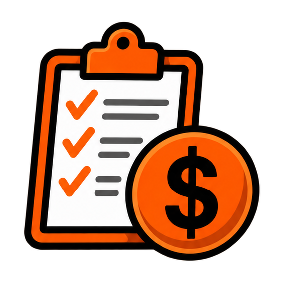 Checklist with checkmarks on a clipboard and a dollar sign coin, representing financial or budget-related tasks.