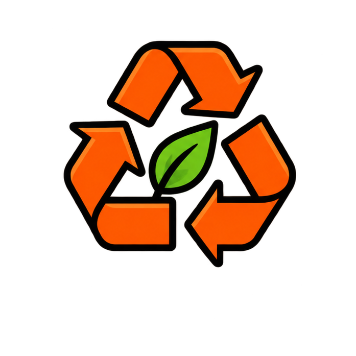 Recycle symbol with orange arrows and a green leaf in the center, representing eco-friendly recycling and environmental sustainability.