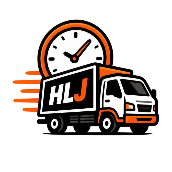 A delivery truck with HLJ logo, a clock showing time, and motion lines indicating speed.