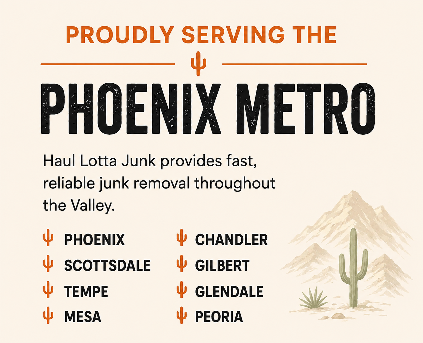 Poster for Phoenix Metro junk removal service featuring a desert landscape with a cactus and mountains, listing service areas including Phoenix, Scottsdale, Tempe, Mesa, Chandler, Gilbert, Glendale, and Peoria.