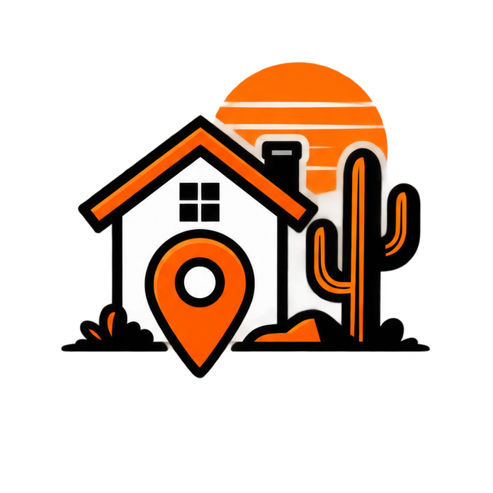 Illustration of a house, a large location pin, a cactus, and a sunset in a desert landscape with orange and black tones.