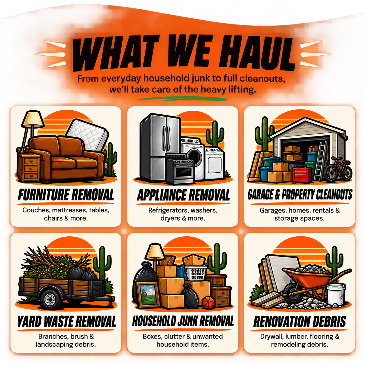 A poster advertising household junk removal services with illustrations of furniture, appliances, yard waste, household junk, renovation debris, and property cleanouts against a sunset background.