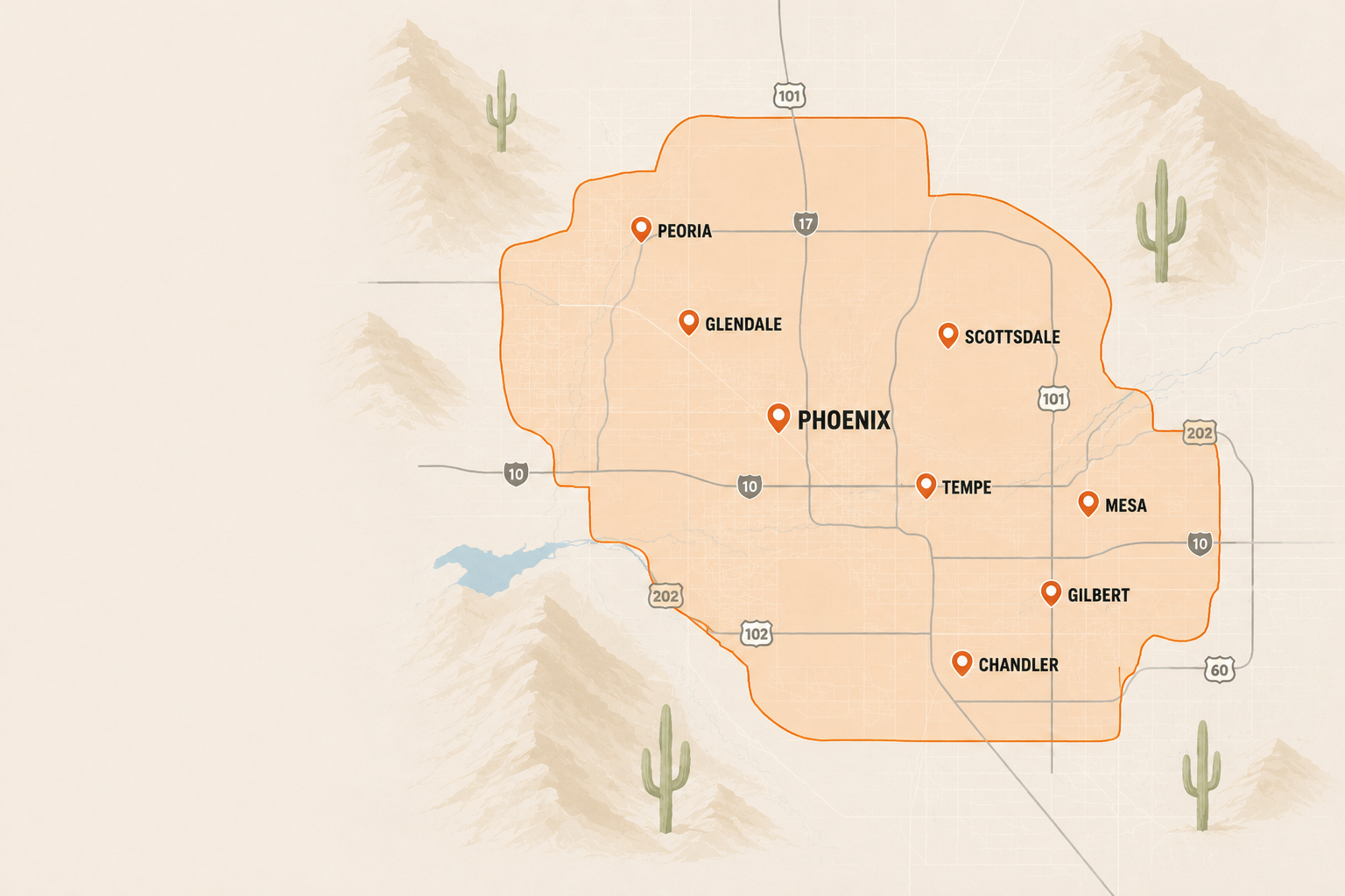 Map of a region with major cities labeled including Peoria, Glendale, Phoenix, Scottsdale, Tempe, Mesa, Gilbert, and Chandler. The map displays highways and mountains, with desert cacti in the background.