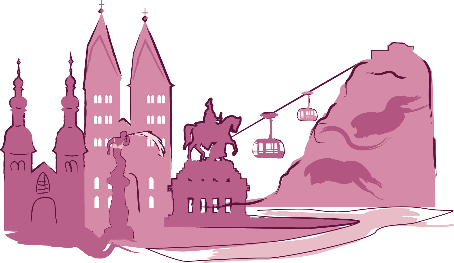 Illustrierte Koblenzer Skyline mit Deutschem Eck, Seilbahn und Festung Ehrenbreitstein